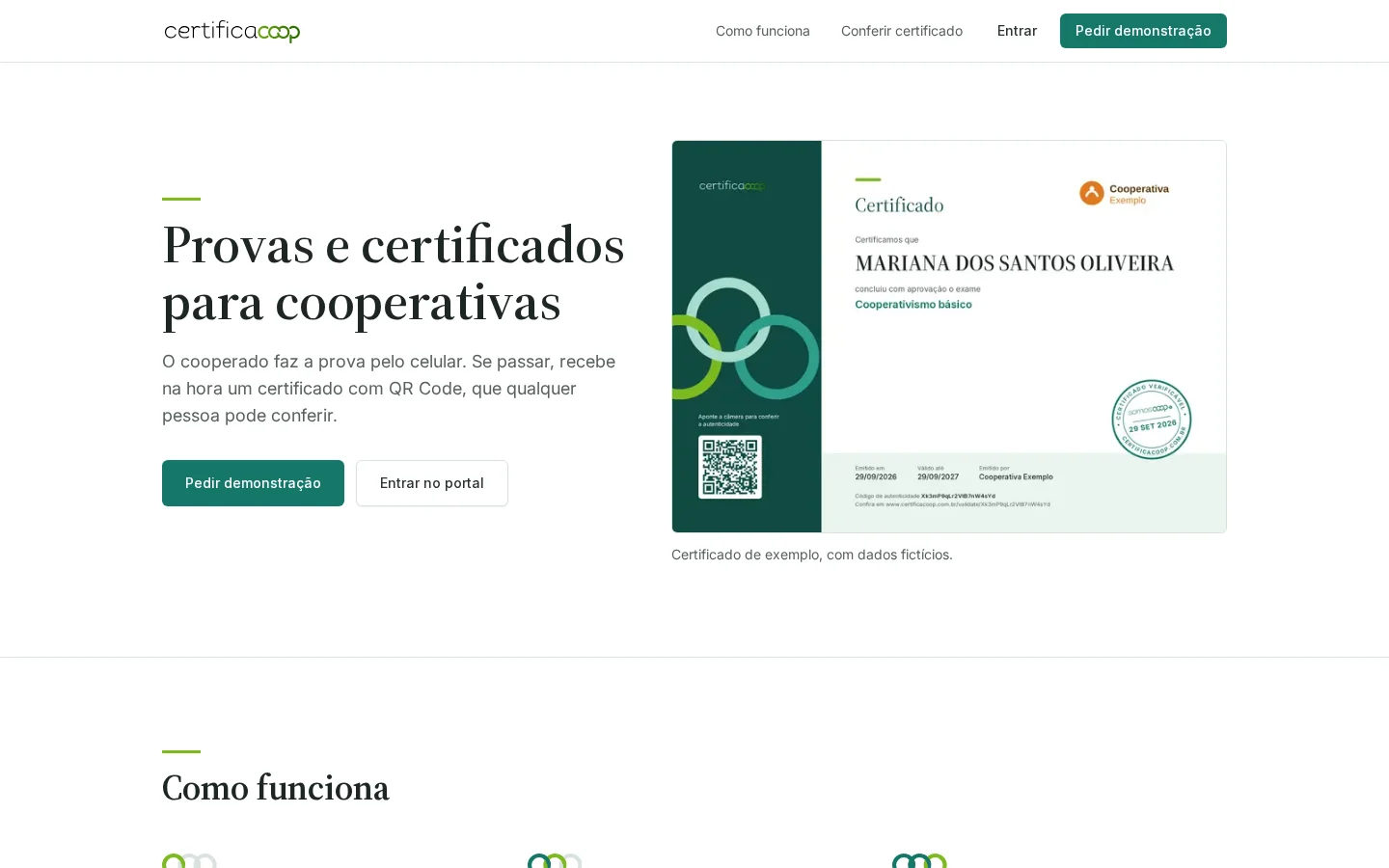 Página inicial nova do Certifica.Coop, com o certificado de exemplo ao lado do título