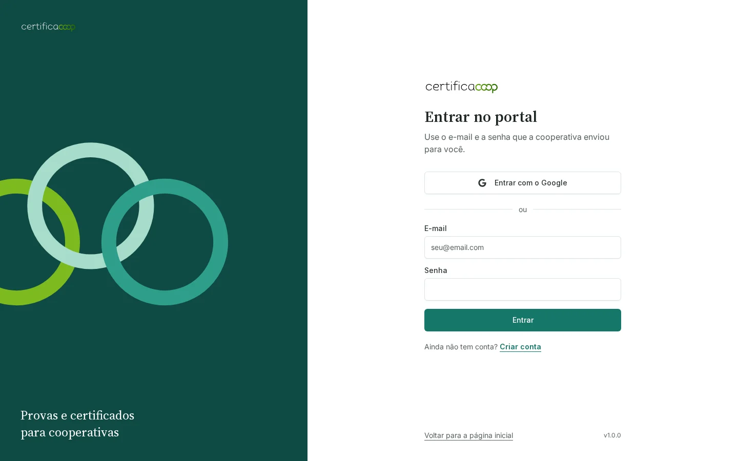 Tela de entrada do Certifica.Coop com os três elos da marca