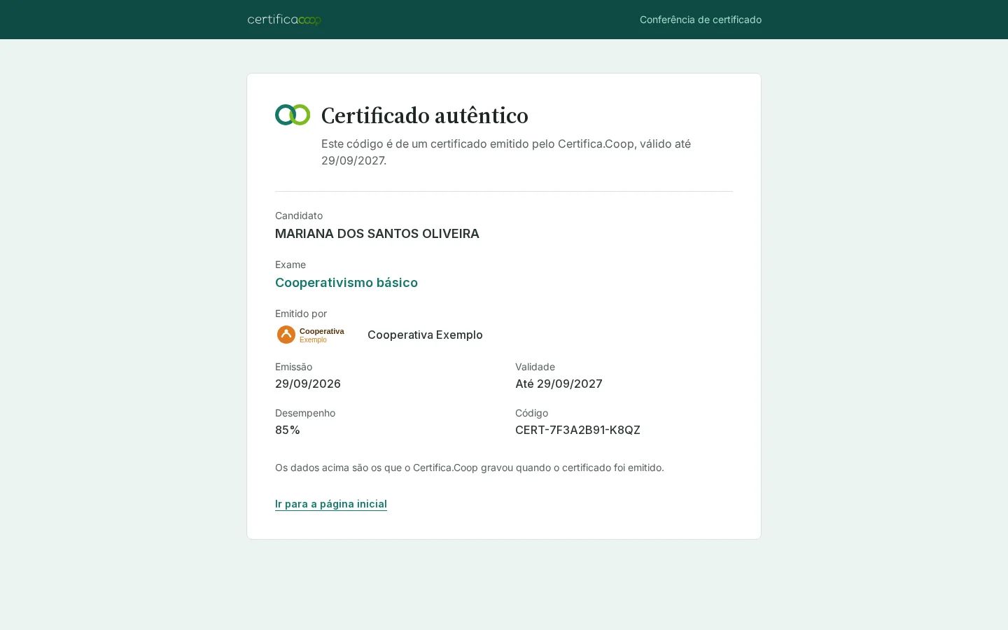 Página pública de conferência de um certificado autêntico