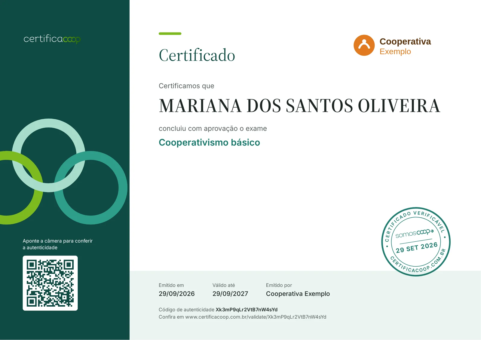Certificado com faixa verde, três elos, QR code e carimbo de verificação
