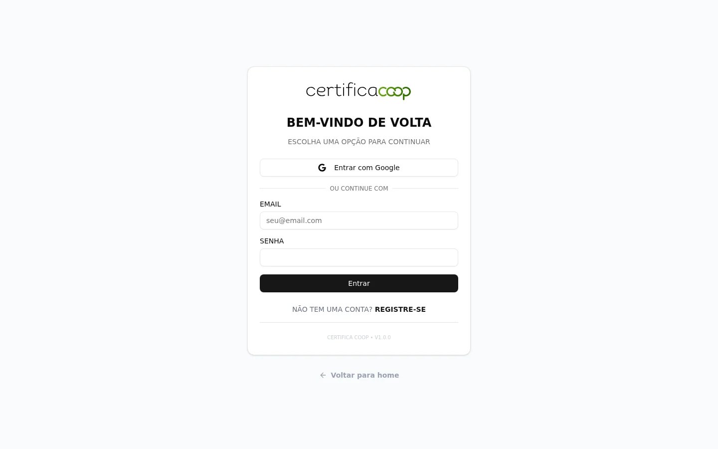 Tela de entrada antiga do Certifica.Coop, com textos em caixa alta