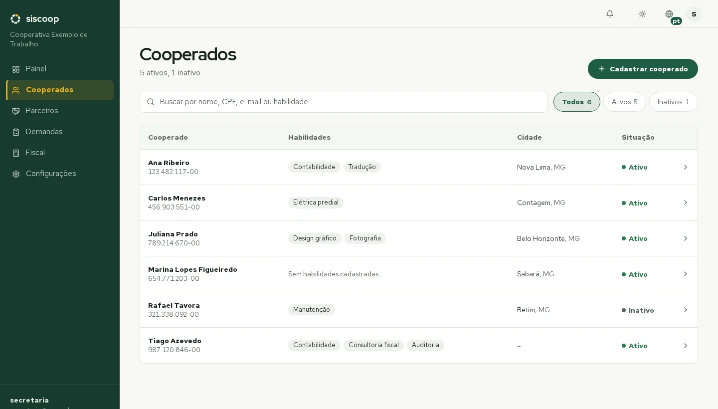 Lista de cooperados do Siscoop com busca, filtros e situação