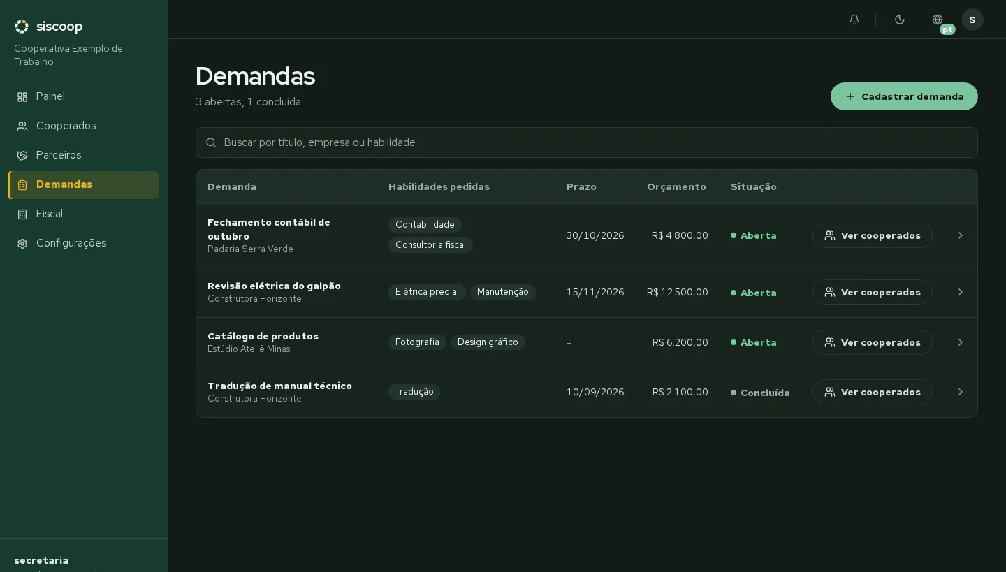 Lista de demandas do Siscoop no tema escuro