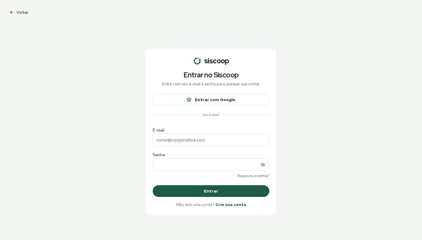 Tela de entrada do Siscoop