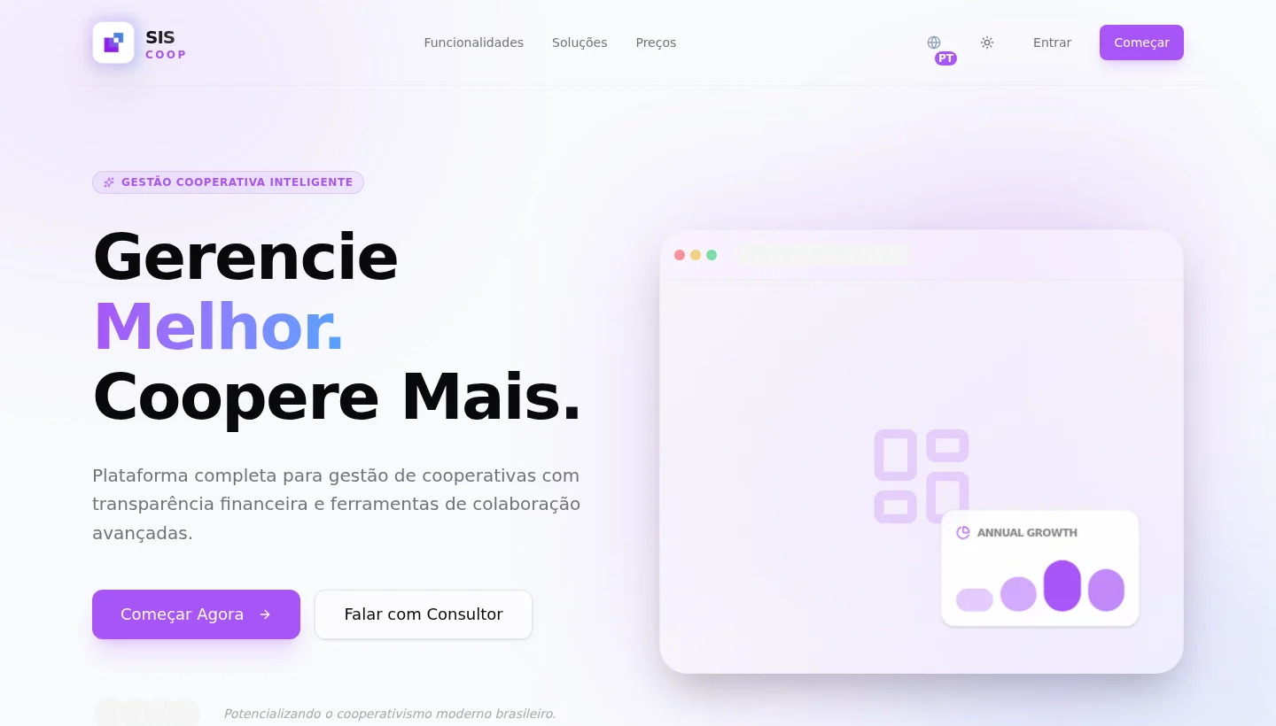 Página inicial antiga do Siscoop, em roxo, com janela de navegador falsa e gráfico inventado