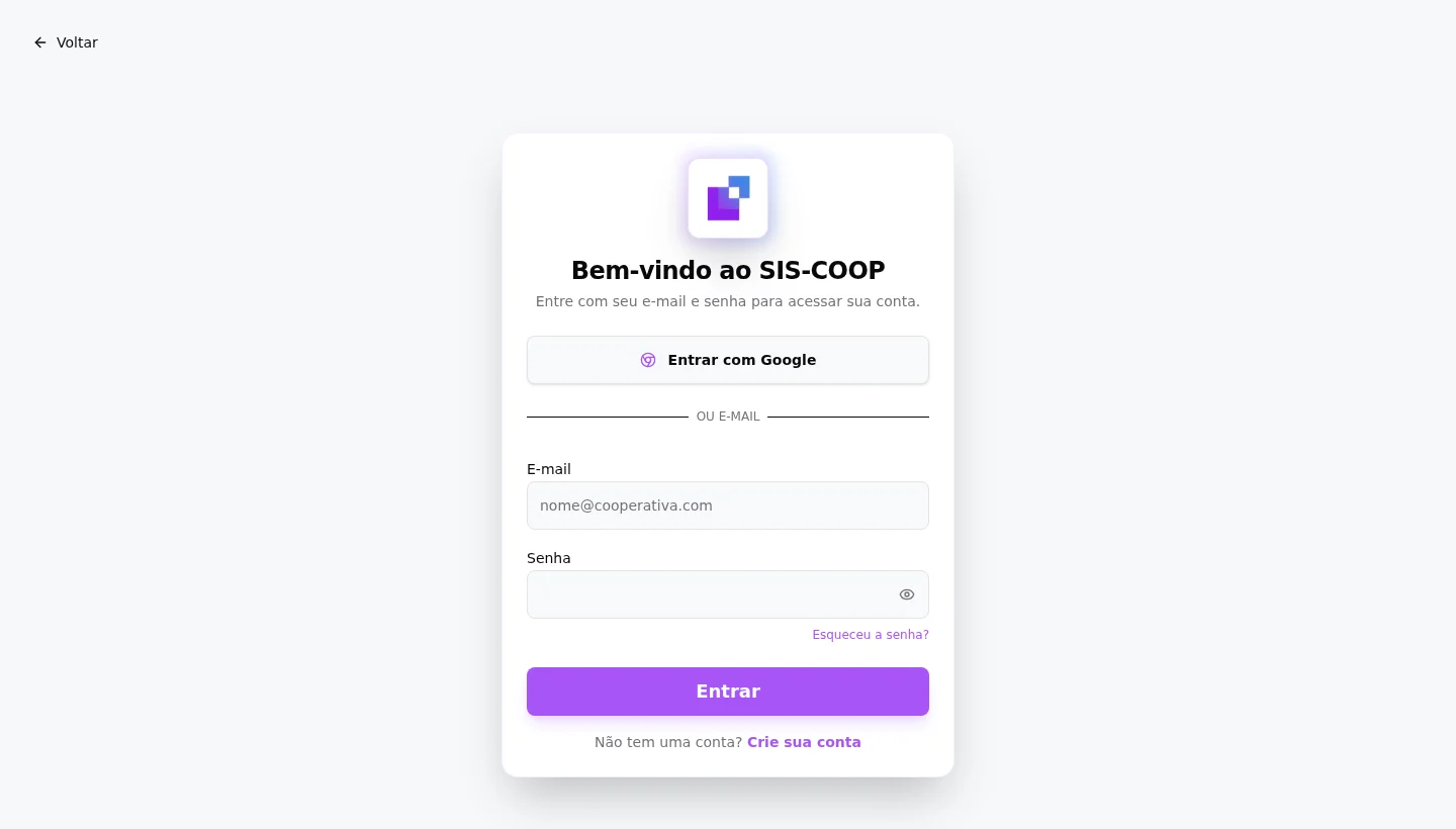 Tela de entrada antiga do Siscoop, em roxo