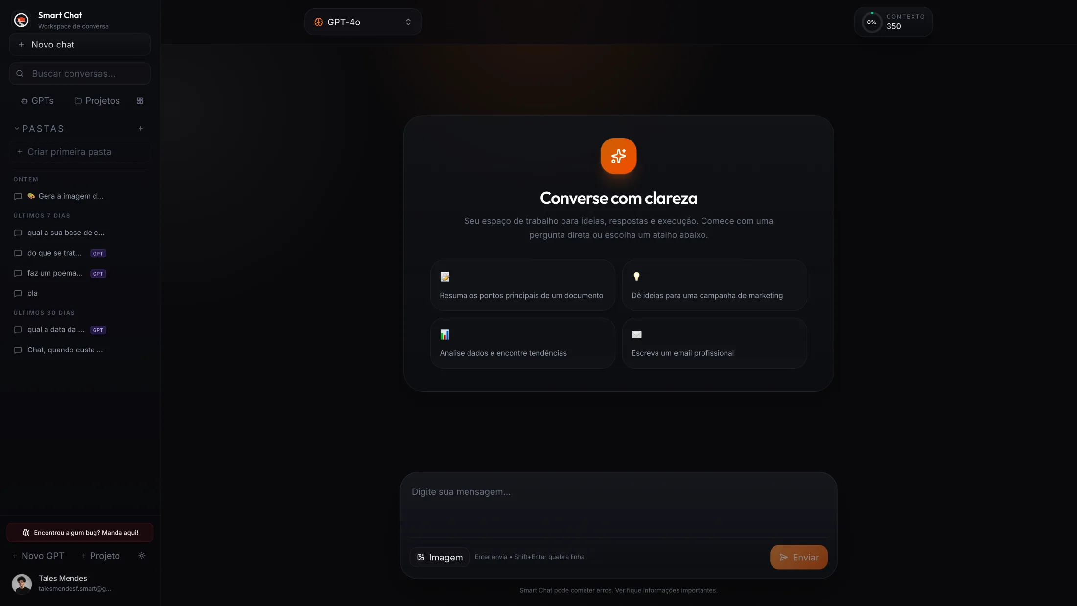 SmartChat · tela inicial do chat (tema dark)