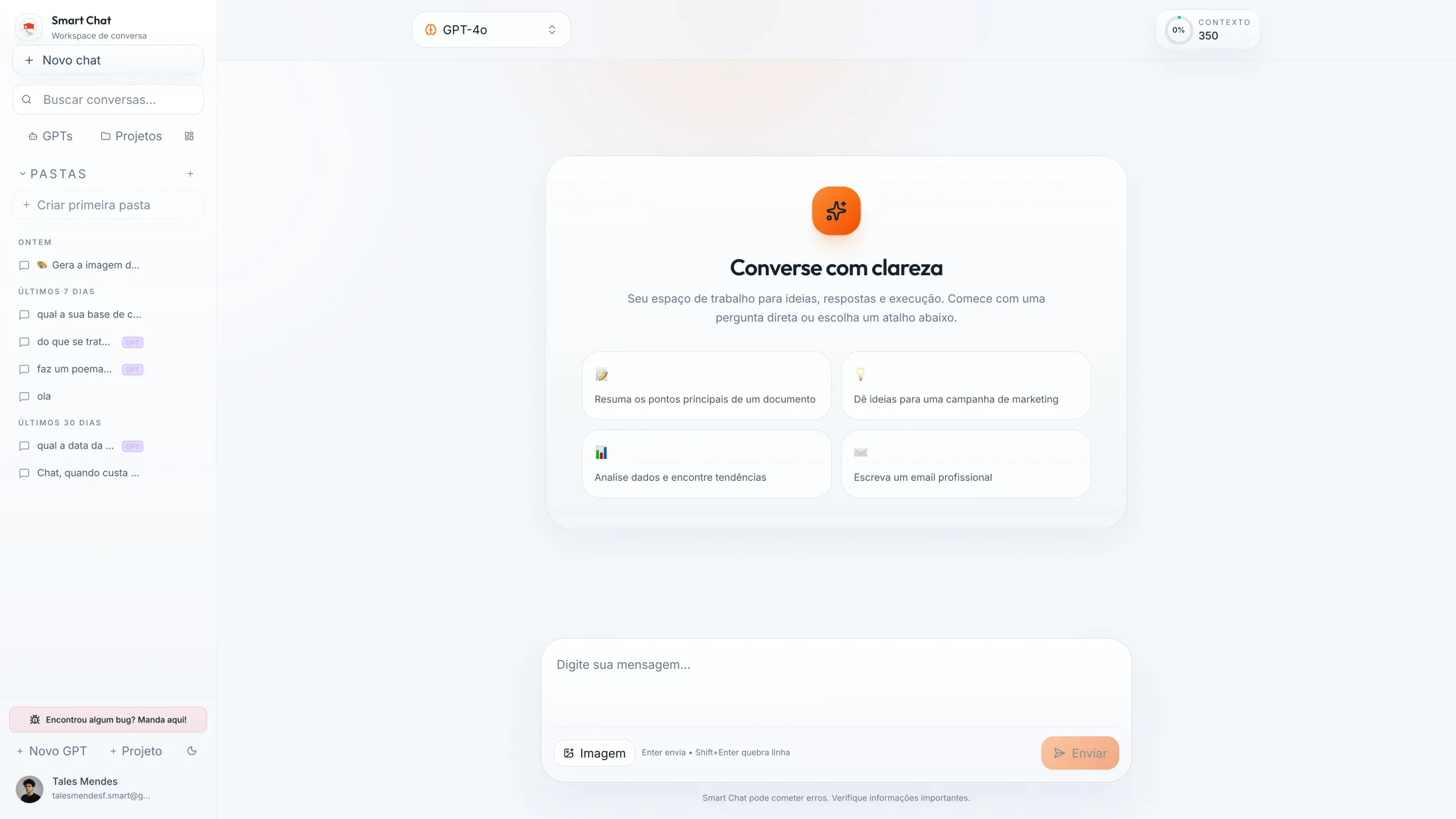 SmartChat · tela inicial do chat (tema light)